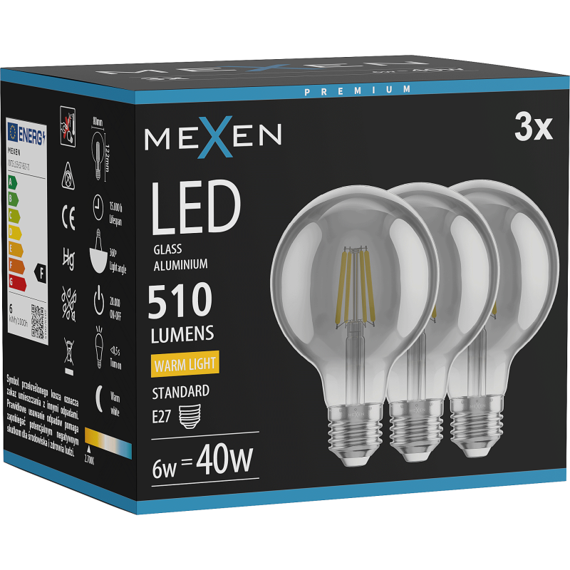 Mexen Vintis 3x LED gijų lemputė E27, G80, 6W, Šilta - 2700K, 510 lm, dūminė - L155-E27-0627-70x03
