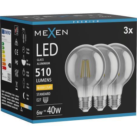 Mexen Vintis 3x LED gijų lemputė E27, G80, 6W, Šilta - 2700K, 510 lm, dūminė - L155-E27-0627-70x03