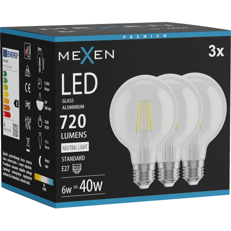 Mexen Vintis 3x LED gijų lemputė E27, G80, 6W, Neutrali - 4000K, 720 lm, skaidri - L155-E27-0640-00x03