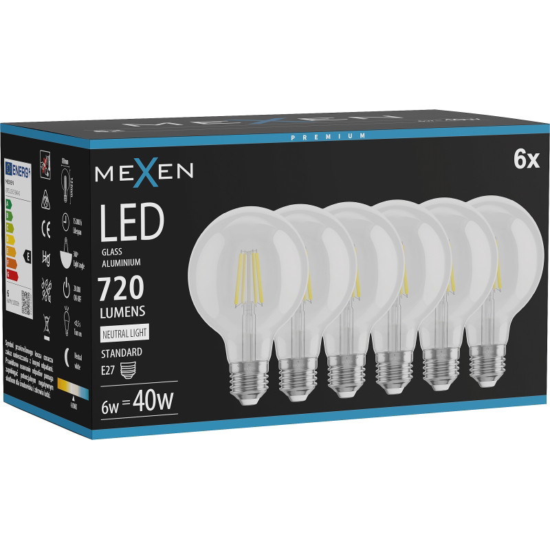Mexen Vintis 6x šviesolaidinė LED lemputė E27, G80, 6W, Neutralus - 4000K, 720 lm, skaidri - L155-E27-0640-00x06