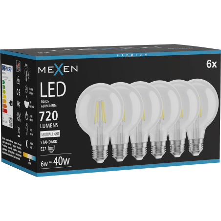 Mexen Vintis 6x šviesolaidinė LED lemputė E27, G80, 6W, Neutralus - 4000K, 720 lm, skaidri - L155-E27-0640-00x06