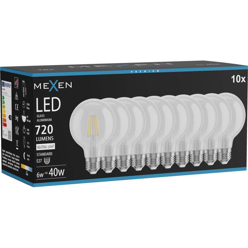 Mexen Vintis 10x LED siūlelių lemputė E27, G80, 6W, Neutralus - 4000K, 720 lm, skaidri - L155-E27-0640-00x10