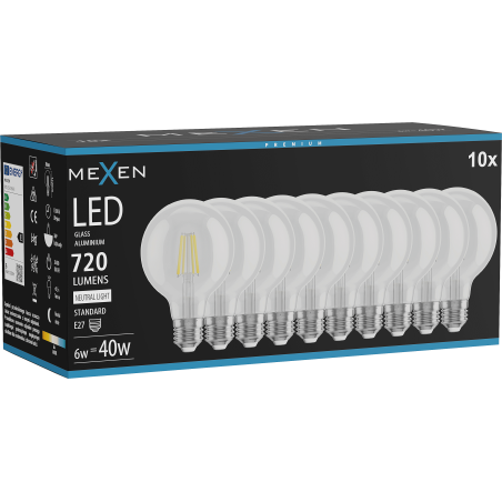 Mexen Vintis 10x LED siūlelių lemputė E27, G80, 6W, Neutralus - 4000K, 720 lm, skaidri - L155-E27-0640-00x10