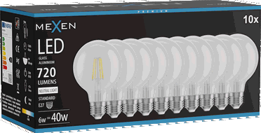 Mexen Vintis 10x LED siūlelių lemputė E27, G80, 6W, Neutralus - 4000K, 720 lm, skaidri - L155-E27-0640-00x10