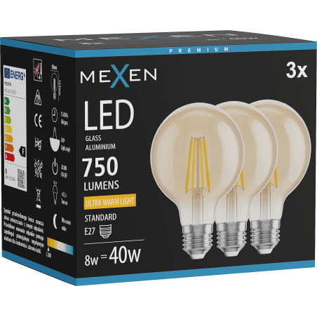 Mexen Vintis 3x LED filamentinė lemputė E27, G80, 8W, Šilta - 2200K, 750 lm, gintarinė - L155-E27-0822-50x03