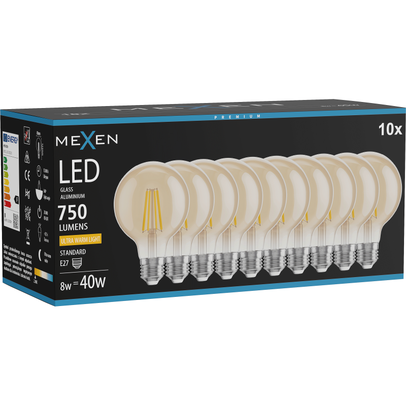 Mexen Vintis 10x LED gijų lemputė E27, G80, 8W, Šilta - 2200K, 750 lm, gintarinė - L155-E27-0822-50x10