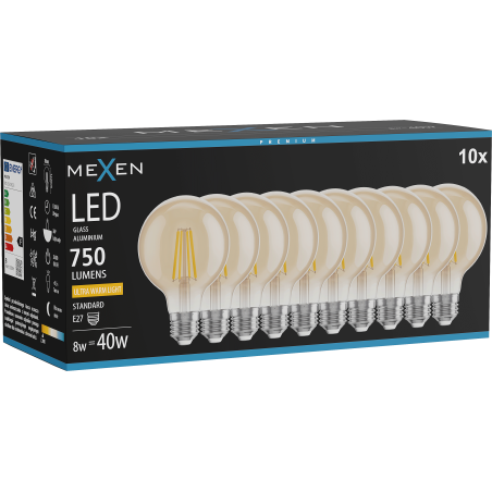 Mexen Vintis 10x LED gijų lemputė E27, G80, 8W, Šilta - 2200K, 750 lm, gintarinė - L155-E27-0822-50x10