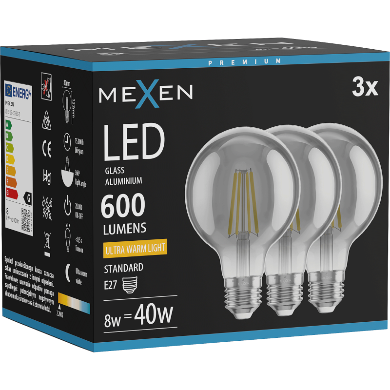 Mexen Vintis 3x LED gijų lemputė E27, G80, 8W, Šilta - 2200K, 600 lm, dūmo spalvos - L155-E27-0822-70x03
