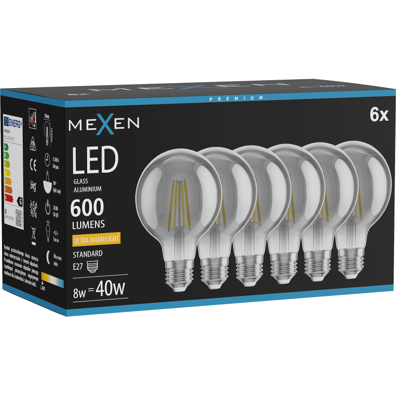 Mexen Vintis 6x LED kaitrinė lemputė su siūleliu E27, G80, 8W, Šilta - 2200K, 600 lm, rūkyta - L155-E27-0822-70x06