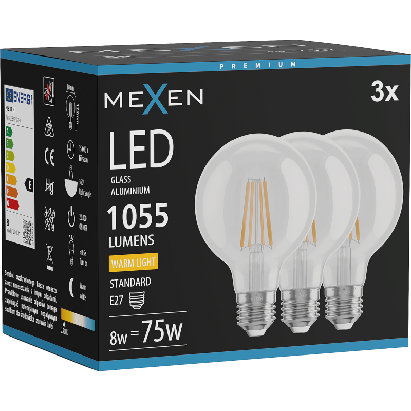 Mexen Vintis 3x LED siūlelių lemputė E27, G80, 8W, Šilta - 2700K, 1055 lm, skaidri - L155-E27-0827-00x03