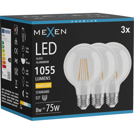 Mexen Vintis 3x LED siūlelių lemputė E27, G80, 8W, Šilta - 2700K, 1055 lm, skaidri - L155-E27-0827-00x03