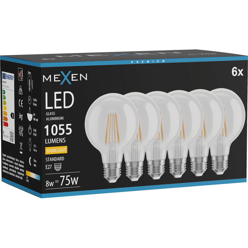Mexen Vintis 6x LED siūlelio lemputė E27, G80, 8W, Šilta - 2700K, 1055 lm, skaidri - L155-E27-0827-00x06