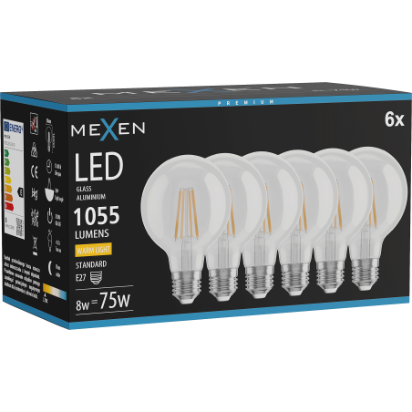 Mexen Vintis 6x LED siūlelio lemputė E27, G80, 8W, Šilta - 2700K, 1055 lm, skaidri - L155-E27-0827-00x06