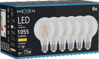Mexen Vintis 6x LED siūlelio lemputė E27, G80, 8W, Šilta - 2700K, 1055 lm, skaidri - L155-E27-0827-00x06