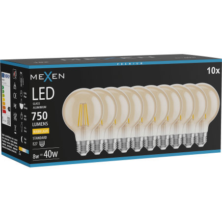 Mexen Vintis 10x LED filamentinė lemputė E27, G80, 8W, Šilta - 2700K, 750 lm, gintarinė - L155-E27-0827-50x10