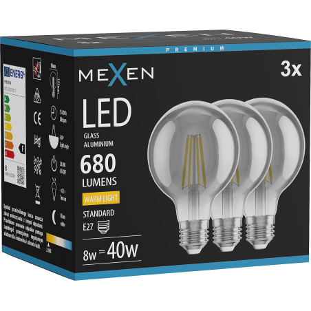 Mexen Vintis 3x Filamento LED lemputė E27, G80, 8W, Šilta - 2700K, 680 lm, dūminė - L155-E27-0827-70x03