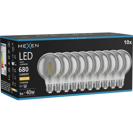 Mexen Vintis 10x LED lemputė filament E27, G80, 8W, Šilta - 2700K, 680 lm, dūmų - L155-E27-0827-70x10