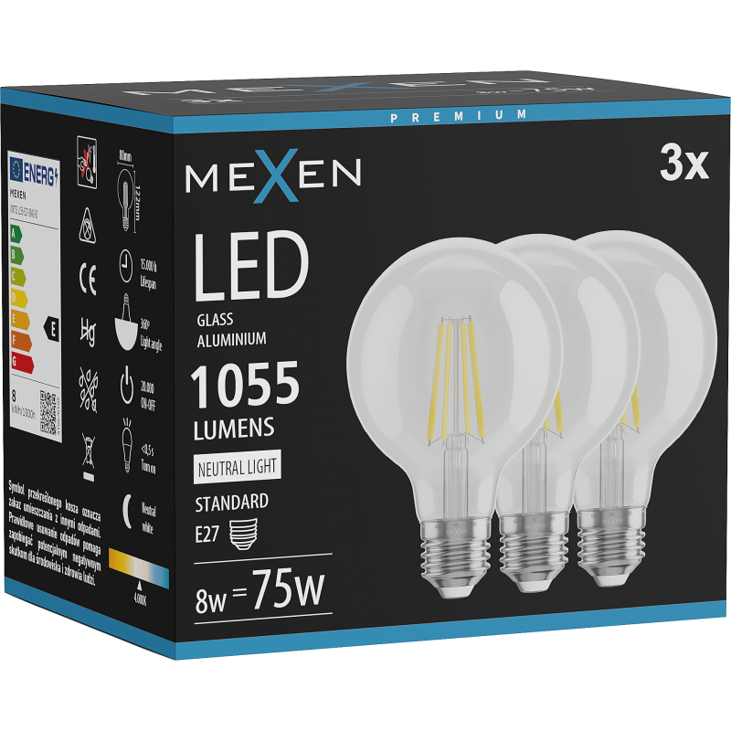 Mexen Vintis 3x LED kaitrinė lemputė E27, G80, 8W, Neutrali - 4000K, 1055 lm, skaidri - L155-E27-0840-00x03