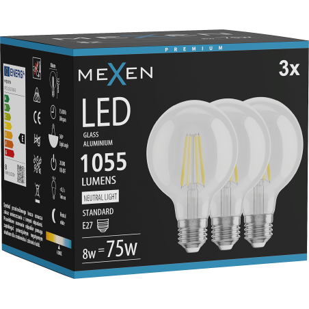 Mexen Vintis 3x LED kaitrinė lemputė E27, G80, 8W, Neutrali - 4000K, 1055 lm, skaidri - L155-E27-0840-00x03