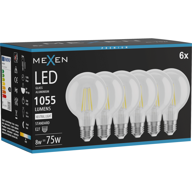 Mexen Vintis 6x LED kaitinamosios lemputės E27, G80, 8W, Neutralus - 4000K, 1055 lm, skaidri - L155-E27-0840-00x06