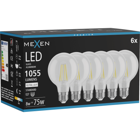 Mexen Vintis 6x LED kaitinamosios lemputės E27, G80, 8W, Neutralus - 4000K, 1055 lm, skaidri - L155-E27-0840-00x06