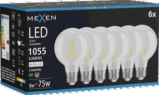 Mexen Vintis 6x LED kaitinamosios lemputės E27, G80, 8W, Neutralus - 4000K, 1055 lm, skaidri - L155-E27-0840-00x06