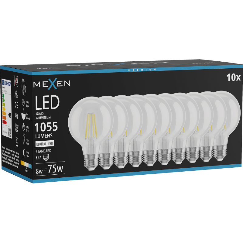 Mexen Vintis 10x LED filamentinė lemputė E27, G80, 8W, neutralus - 4000K, 1055 lm, skaidrus - L155-E27-0840-00x10