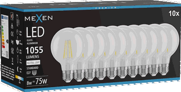 Mexen Vintis 10x LED filamentinė lemputė E27, G80, 8W, neutralus - 4000K, 1055 lm, skaidrus - L155-E27-0840-00x10