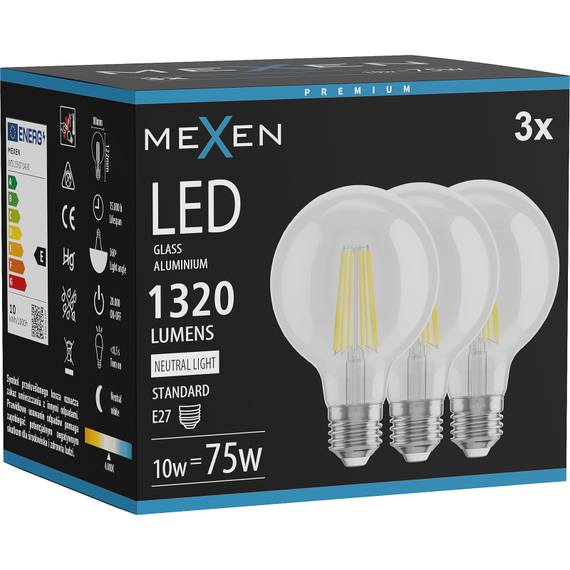 Mexen Vintis 3x kaitinamasis LED E27 lemputė, G80, 10W, Neutrali - 4000K, 1320 lm, skaidri - L155-E27-1040-00x03