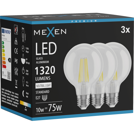 Mexen Vintis 3x kaitinamasis LED E27 lemputė, G80, 10W, Neutrali - 4000K, 1320 lm, skaidri - L155-E27-1040-00x03