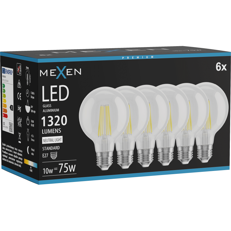 Mexen Vintis 6x LED gijų lemputė E27, G80, 10W, Neutralus - 4000K, 1320 lm, skaidrus - L155-E27-1040-00x06