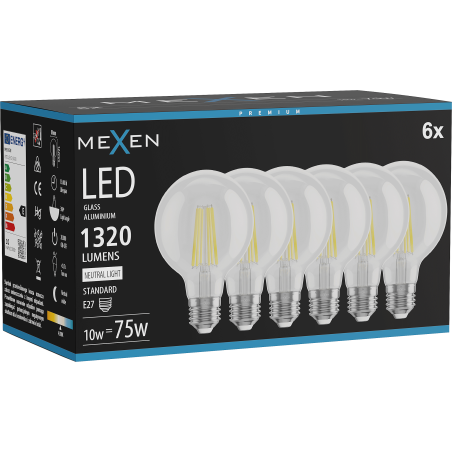 Mexen Vintis 6x LED gijų lemputė E27, G80, 10W, Neutralus - 4000K, 1320 lm, skaidrus - L155-E27-1040-00x06