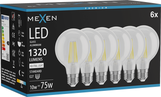 Mexen Vintis 6x LED gijų lemputė E27, G80, 10W, Neutralus - 4000K, 1320 lm, skaidrus - L155-E27-1040-00x06