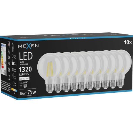 Mexen Vintis 10x LED lemputė filament E27, G80, 10W, Neutrali - 4000K, 1320 lm, skaidri - L155-E27-1040-00x10