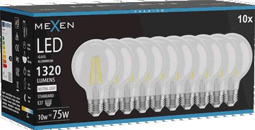Mexen Vintis 10x LED lemputė filament E27, G80, 10W, Neutrali - 4000K, 1320 lm, skaidri - L155-E27-1040-00x10