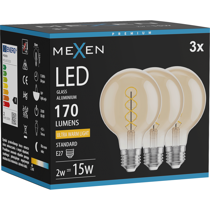 Mexen Vintis 3x LED siūlelio spiralės lemputė E27, G80, 2W, Šilta - 2200K, 170 lm, gintarinė - L165-E27-0222-50x03