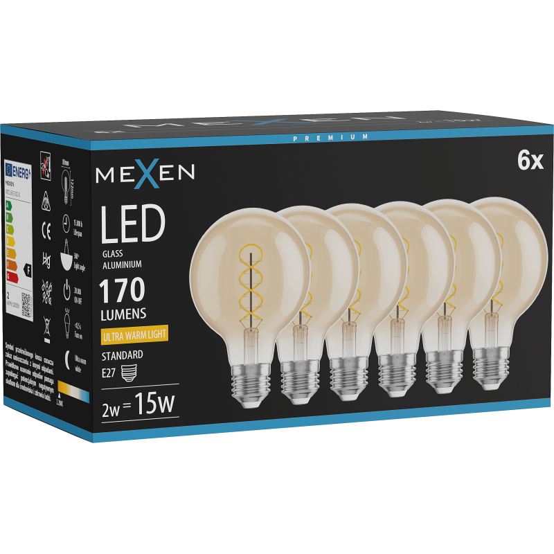 Mexen Vintis 6x LED siūlo spiralė lemputė E27, G80, 2W, Šilta - 2200K, 170 lm, gintarinė - L165-E27-0222-50x06