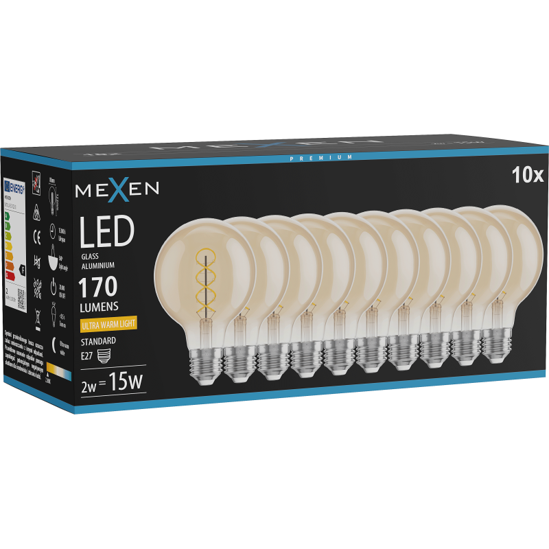 Mexen Vintis 10x LED siūlų spiralė lemputė E27, G80, 2W, Šilta - 2200K, 170 lm, gintarinė - L165-E27-0222-50x10