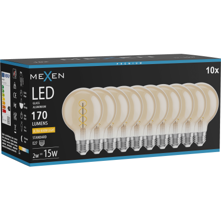 Mexen Vintis 10x LED siūlų spiralė lemputė E27, G80, 2W, Šilta - 2200K, 170 lm, gintarinė - L165-E27-0222-50x10