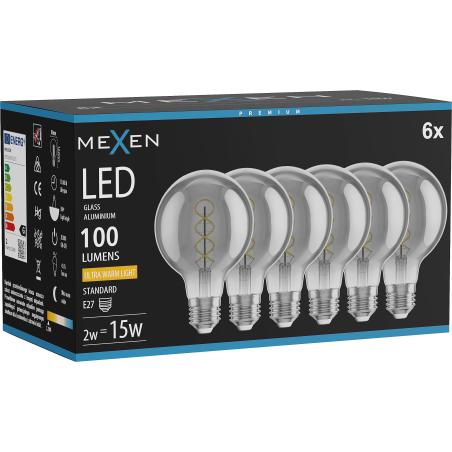 Mexen Vintis 6x LED lemputė su E27 sriegiu, G80, 2W, šilta - 2200K, 100 lm, dūminė - L165-E27-0222-70x06