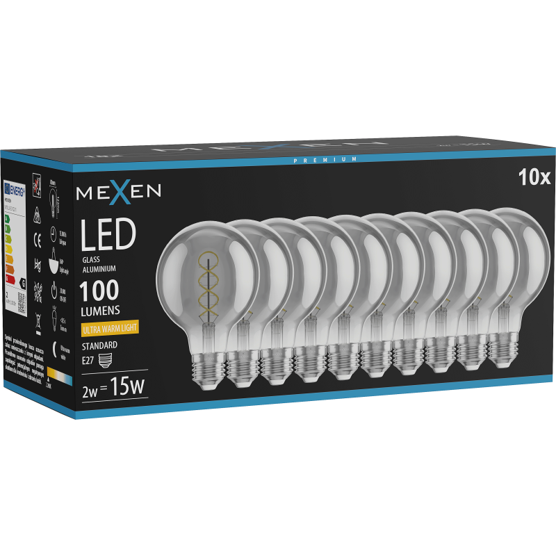 Mexen Vintis 10x kaitinimo siūlo LED lemputė spiralė E27, G80, 2W, Šilta - 2200K, 100 lm, smoke - L165-E27-0222-70x10