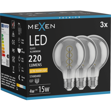 Mexen Vintis 3x LED kaitrinto siūlo spiralės lemputė E27, G80, 4W, Šiltai - 2200K, 220 lm, dūminė - L165-E27-0422-70x03