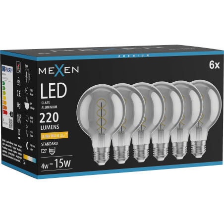 Mexen Vintis 6x LED siūlelių spiralė lemputė E27, G80, 4W, Šilta - 2200K, 220 lm, dūminė - L165-E27-0422-70x06