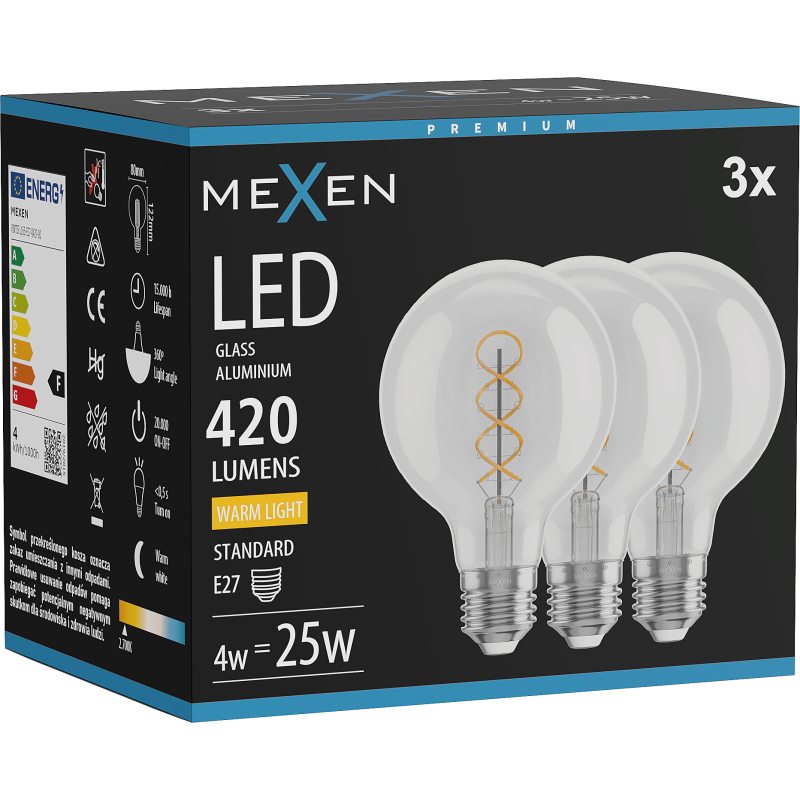 Mexen Vintis 3x Filamentinė LED spiralės lemputė E27, G80, 4W, Šilta - 2700K, 420 lm, skaidri - L165-E27-0427-00x03