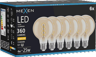 Mexen Vintis 6x LED kaitinamosios spiralės lemputė E27, G80, 4W, Šilta - 2700K, 360 lm, gintarinė - L165-E27-0427-50x06