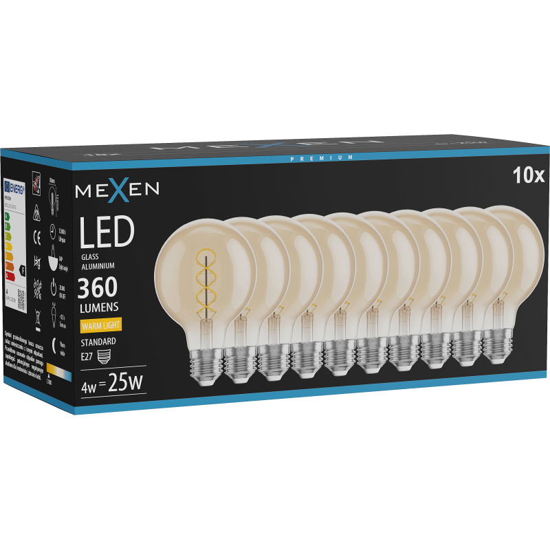 Mexen Vintis 10x LED filamentinė spiralė lemputė E27, G80, 4W, Šilta - 2700K, 360 lm, gintarinės spalvos