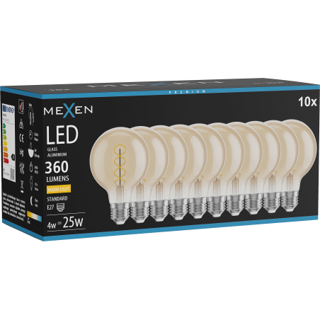 Mexen Vintis 10x LED filamentinė spiralė lemputė E27, G80, 4W, Šilta - 2700K, 360 lm, gintarinės spalvos