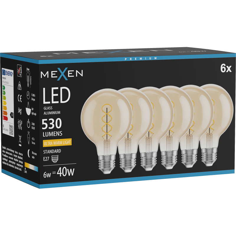 Mexen Vintis 6x LED kaitinamosios spiralės lemputė E27, G80, 6W, Šilta - 2200K, 530 lm, gintarinė - L165-E27-0622-50x06