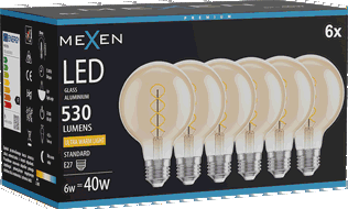 Mexen Vintis 6x LED kaitinamosios spiralės lemputė E27, G80, 6W, Šilta - 2200K, 530 lm, gintarinė - L165-E27-0622-50x06