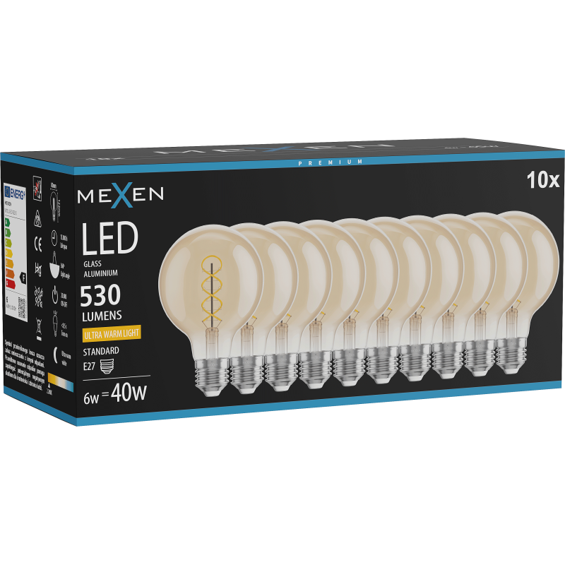 Mexen Vintis 10x lemputė su LED sriegiu spirale E27, G80, 6W, Šilta - 2200K, 530 lm, gintarinė - L165-E27-0622-50x10